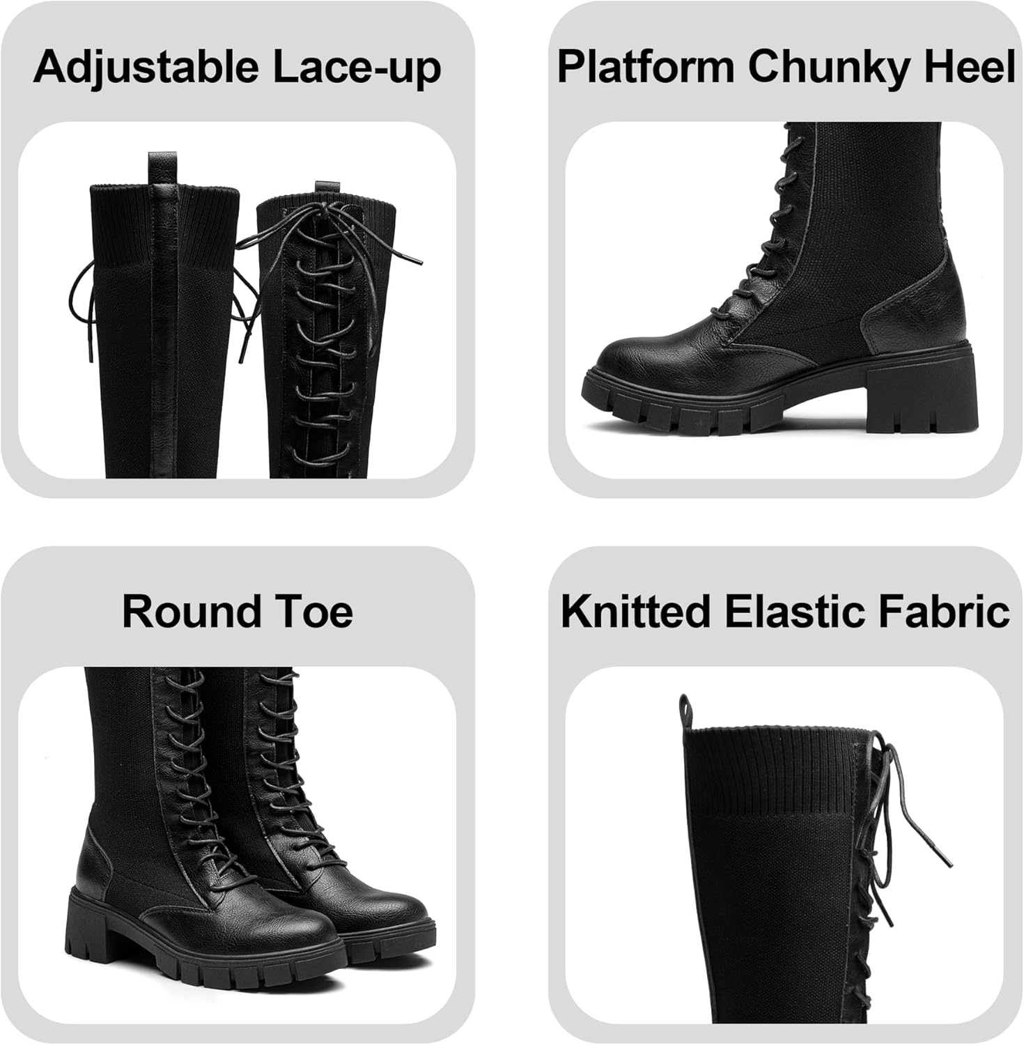 Jeossy Women's Knee High Combat 9603 Boots, Tall Platform Chunky Heel Boots Wide Claf - Image 4