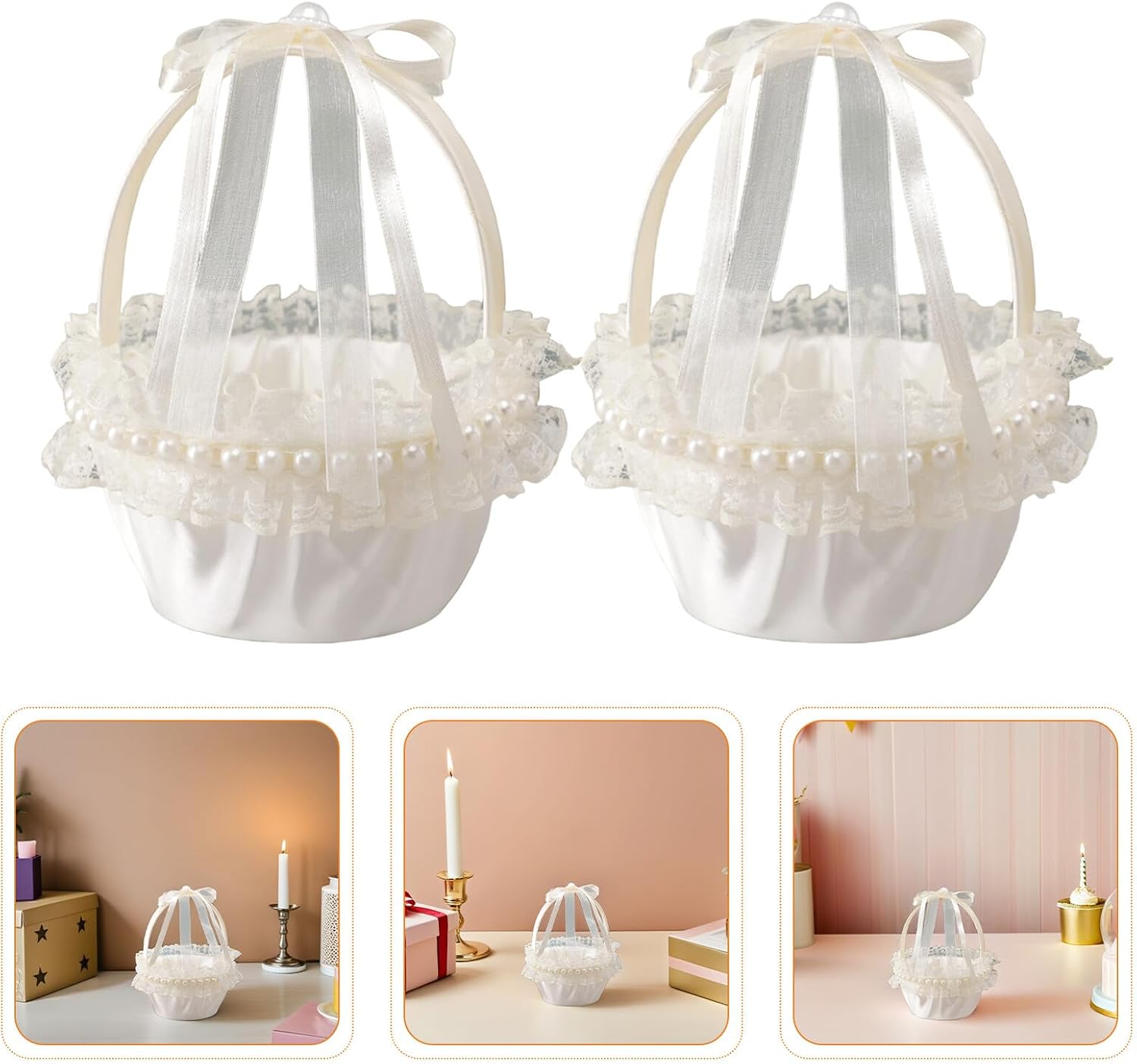 INOOMP Wedding Flower Girl Baskets 2pcs Satin Mini White Baskets with Pearl Beads Handle for Bridal Ceremony and Bridesmaid Floral Decoration