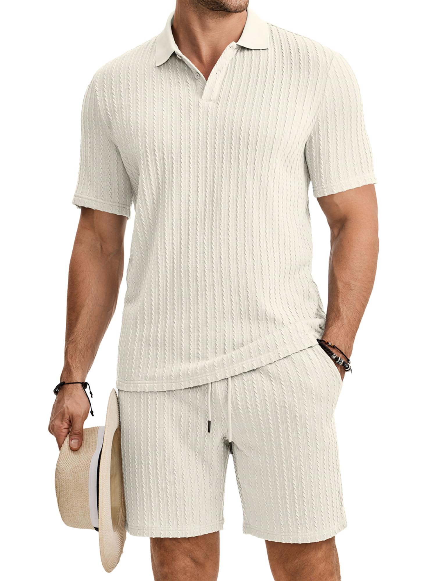 JMIERR Herren Jogginganzug Set Sommer 2 Teiliges Poloshirts Kurzarm Einfarbig Strick mit Kurze Hose Herren mit Elastischer Taille Baggy Freizeitanzug