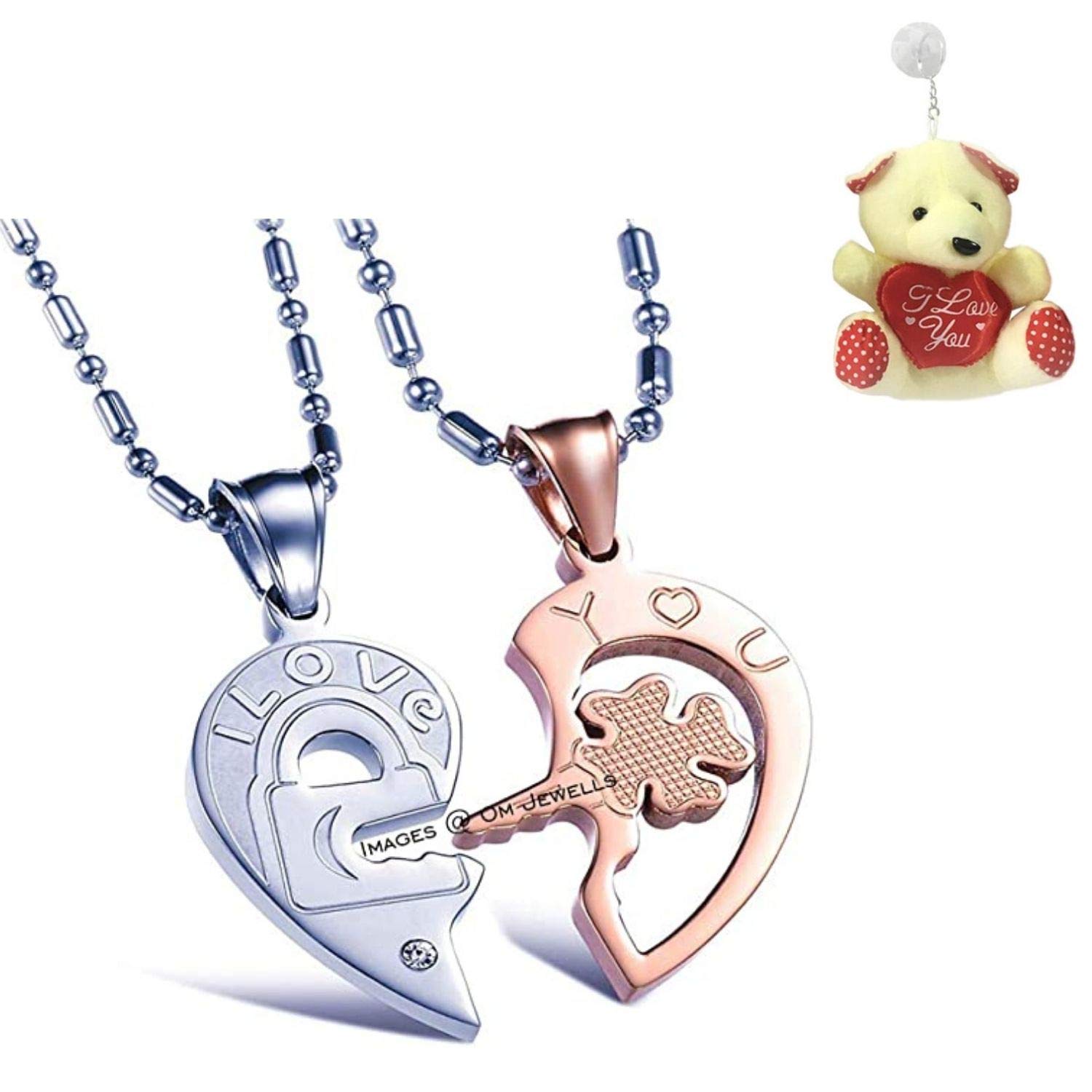 Valentines Collection Rose Gold And Rhodium Plated Dual Heart Love Pendant Necklace For Couples A Perfect Proposal Gift With Teddy Bear For Girls And Boys PD1000861Ted-image-12