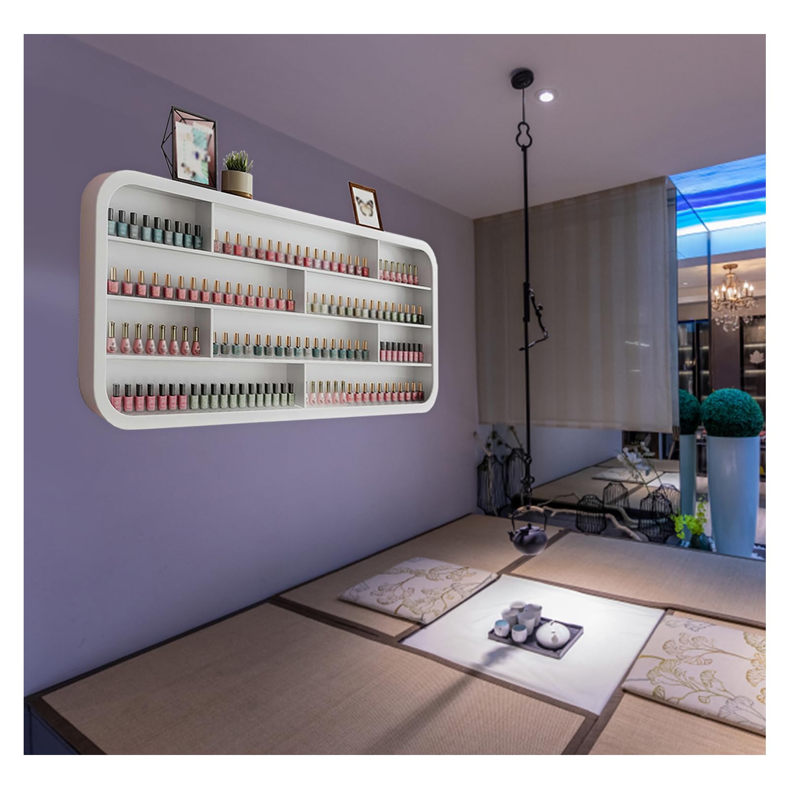ZBJDX Multifunctional White Nail Polish Shelf, Wall-Mounted Perfume Organizer with Rounded Corners, Rectangular Display Rack for Nail Salons & Home Studios,0.8m/31.5in