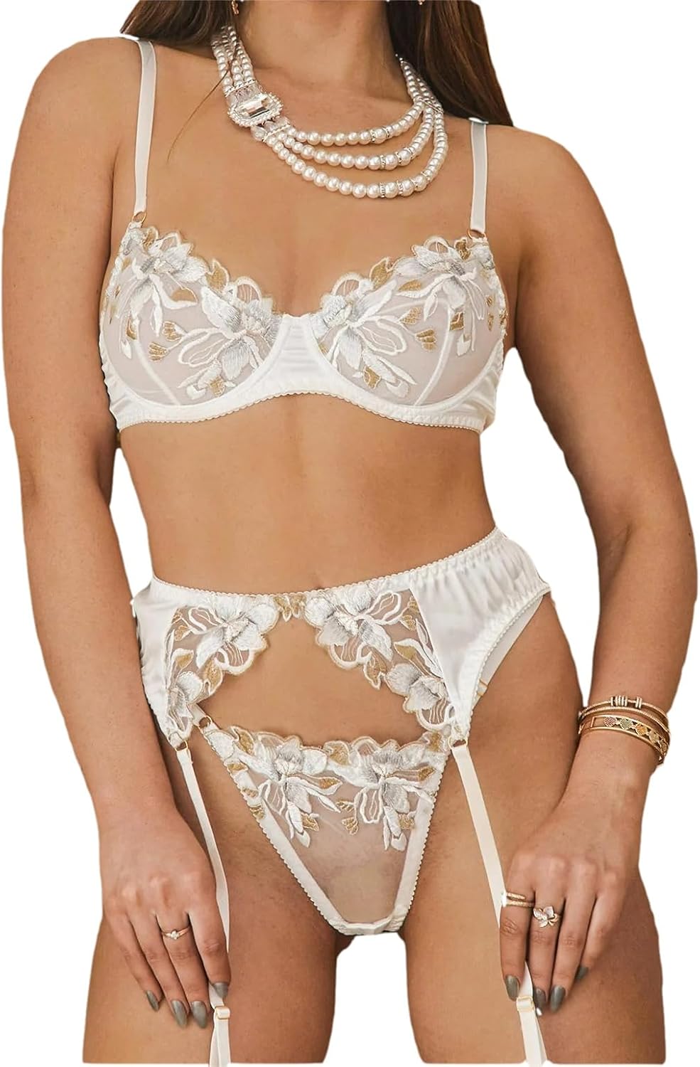 HELLOLAGIRL Thread Embroidered Lingerie Set White &Gold