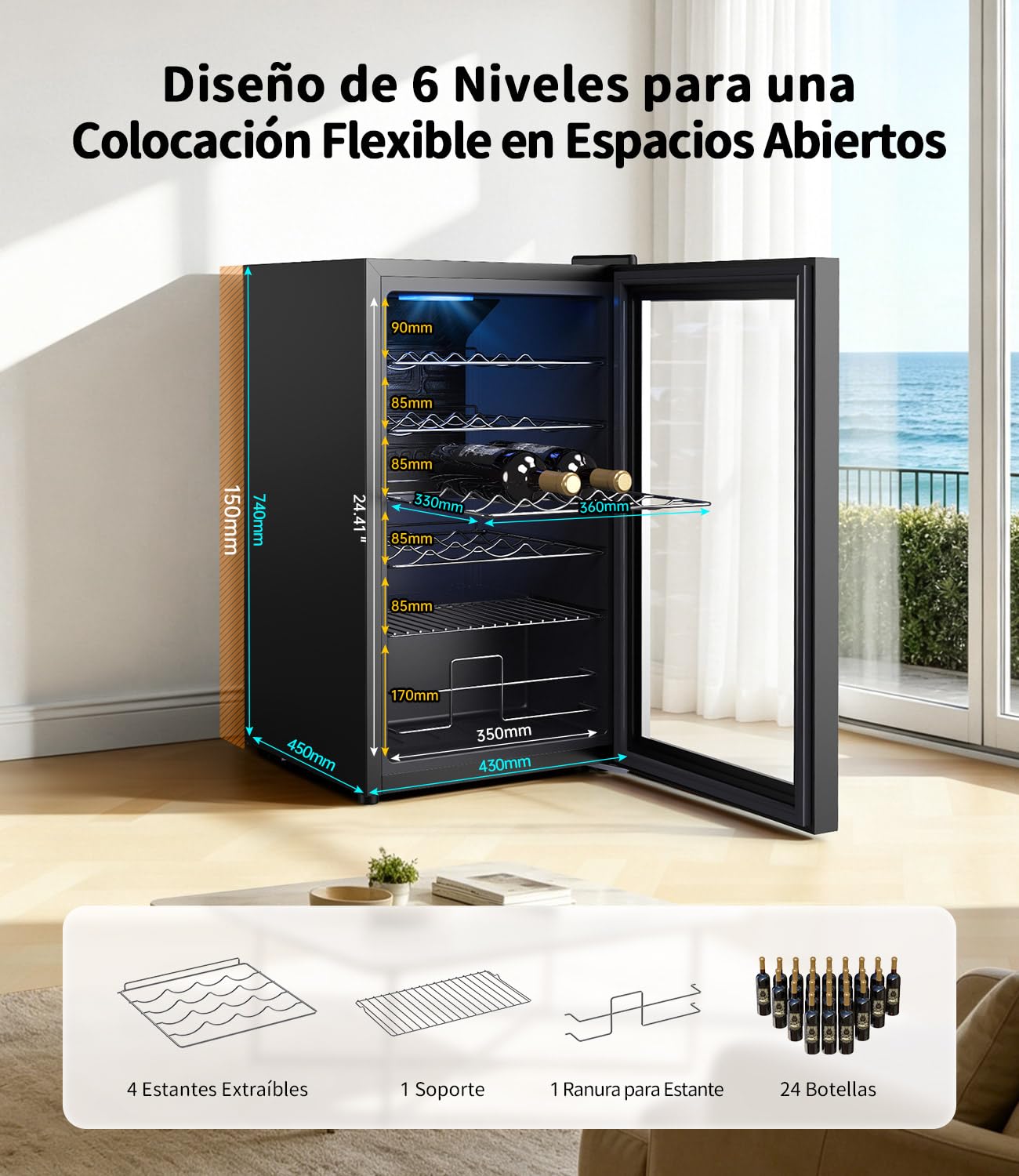 WIE Vinoteca 24 Botellas 70L, Nevera Vinos, con Control Táctil 4-18°C, Iluminación LED, Cava de Vino, ＜43dB, Protección UV, para Vino Tinto/Blanco, Cerveza, Bar Interior | 70L Nevera Profesional 6-Estantes Soporte Ajustable Protección Anti-UV Refrigeració