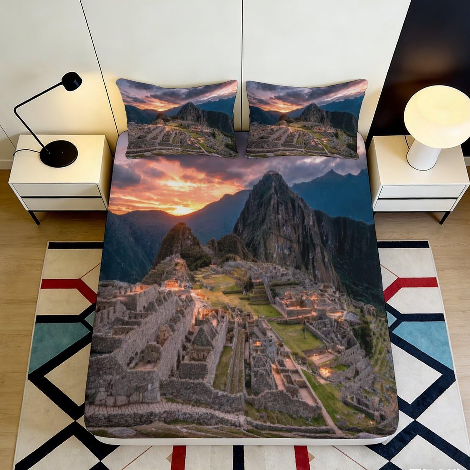 3D Printed Machu Picchu Sunrise Fitted Sheet Microfiber Soft Bed Cover for Bedroom Guest Room Mattress Decor 90x200x25cm