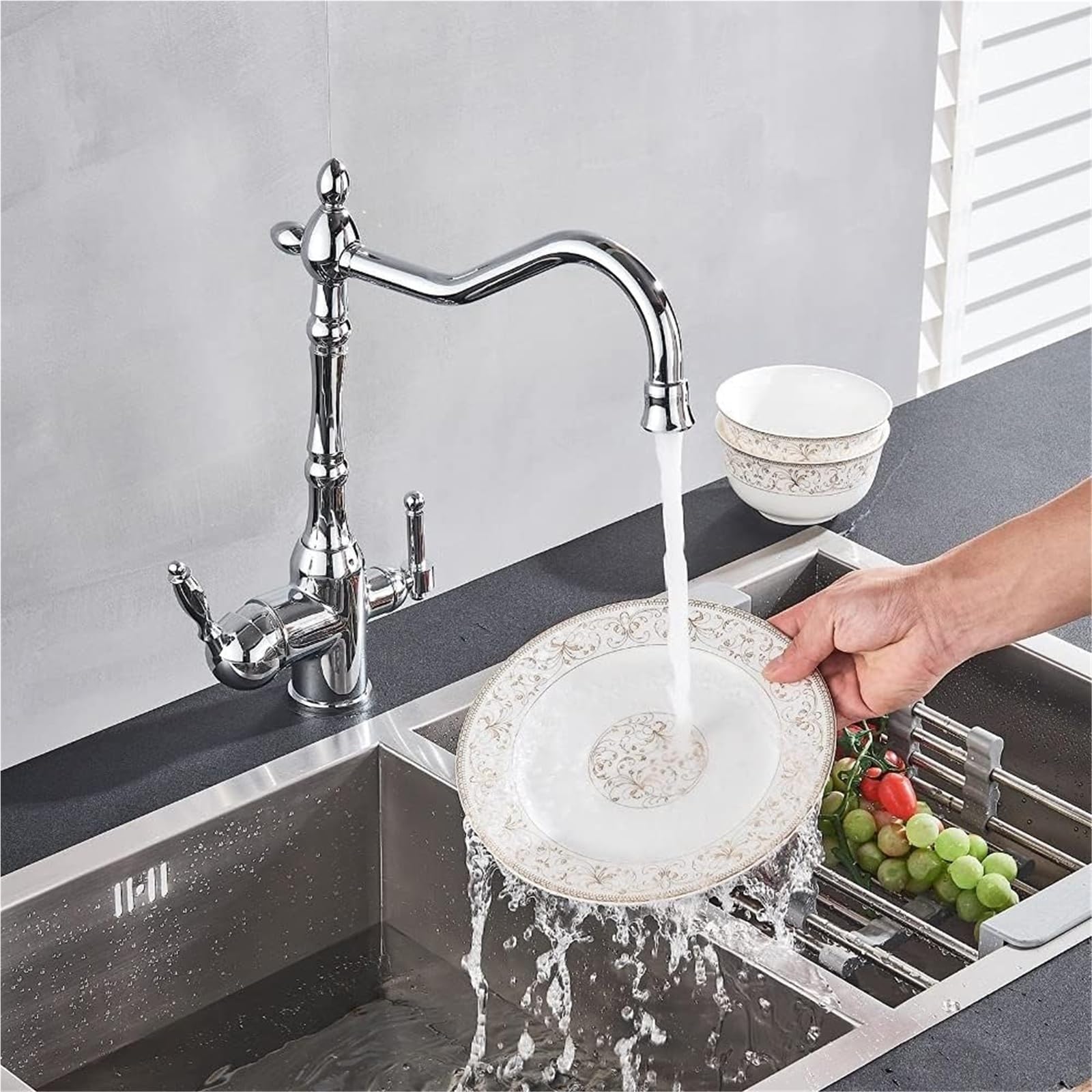 Komercyjny kran do zlewu kuchennego do baru i domu wiejskiego – obracany o 360° podwójny uchwyt bateria mieszająca z podwójną funkcją wody i filtrem - elegancka srebrna konstrukcja