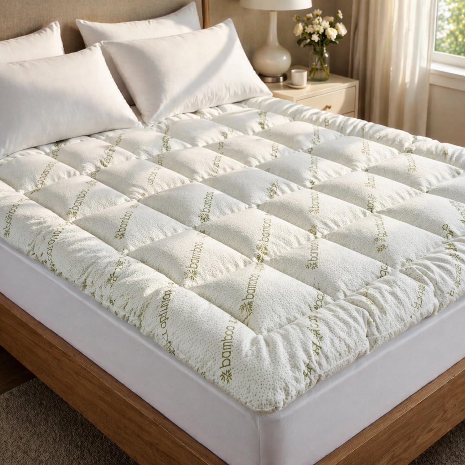 Premium Quilted 1000GSM Extra Thick Mattress Topper King, Overfilled Pillow Top, Ultra Plush Cooling & Breathable, Hotel-Quality Comfort, 8-21" Deep Pocket (White Bamboo Fiber, King)
