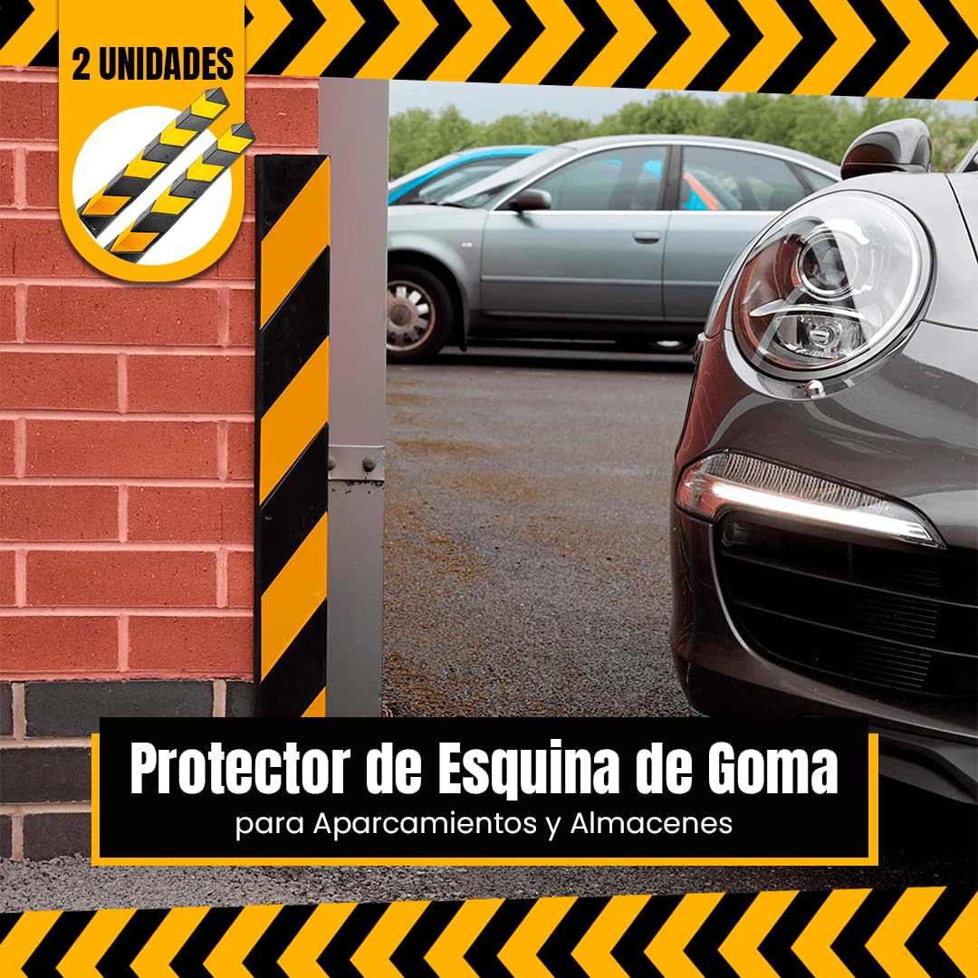 PARKING FACIL | Protector de Esquina de Goma | Para Aparcamientos y Almacenes | Color: Negro y Amarillo | Tamaño: 80 x 10 x 10 cm | Grosor: 8mm | Incluye Tornillería | 2 Unidades