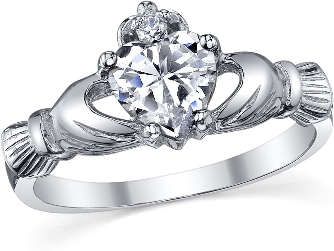 Metal Masters Sterling Silver 925 Irish Claddagh Friendship & Love Clear Heart Cubic Zirconia Ring