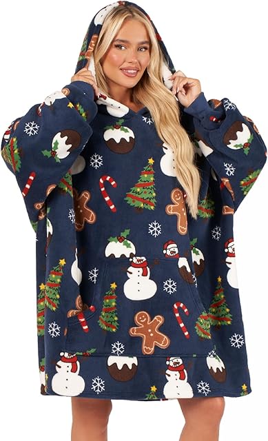 OHS Christmas Hoodie Navy Blue, Festive Blanket Hoodie Sherpa Fleece Hoodie Blanket Warm Snuggle Hoodie for Women Comfy Soft Fluffy Wearable Blanket