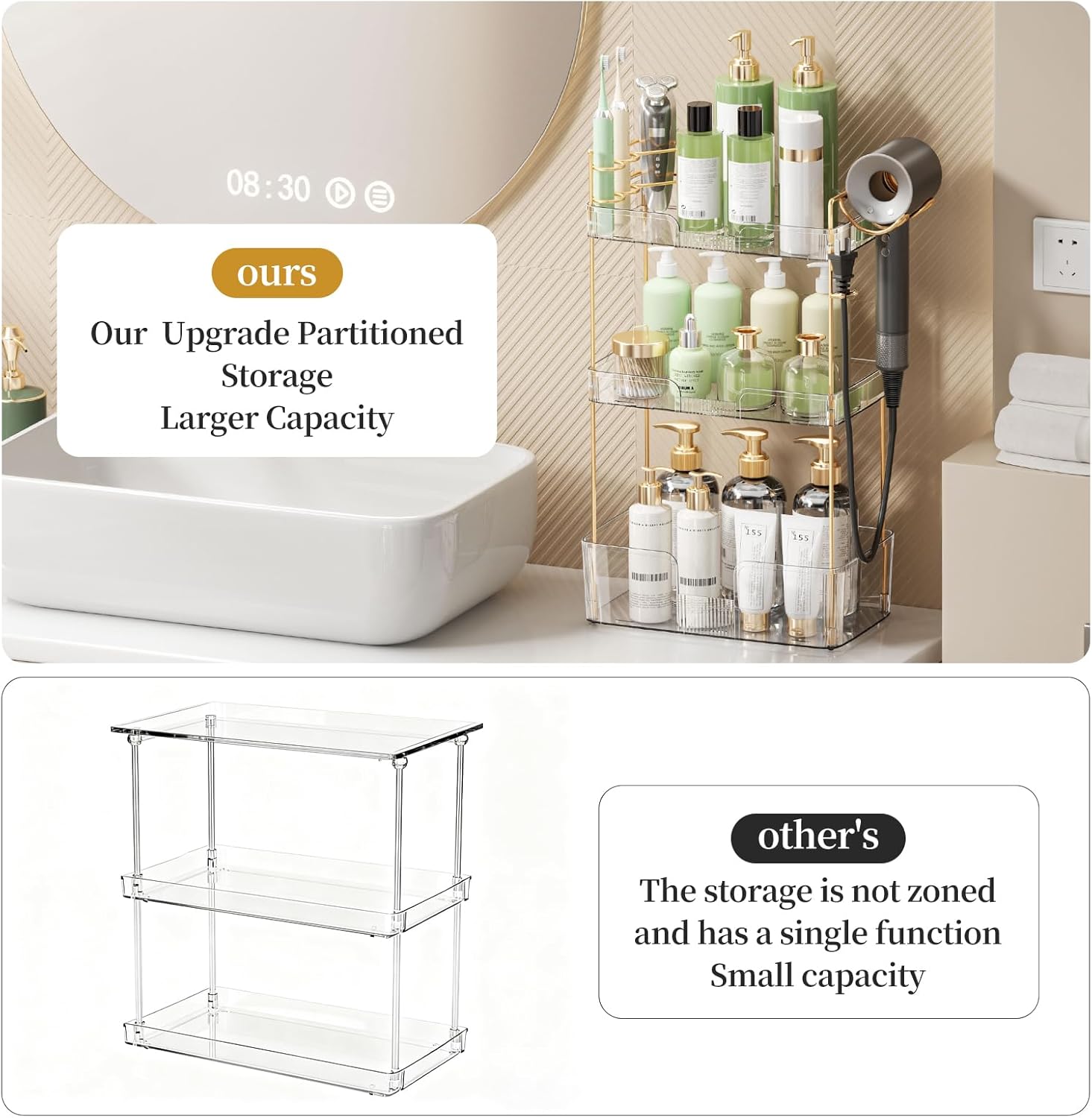 Bathroom Counter Organizer for Vanity, Makeup Organizer Countertop with Holder, Large Capacity Storage Rack, Perfect Large Skincare, Hair Care, Perfume, Easy to Install (Clear, 3Tiers) - Image 4