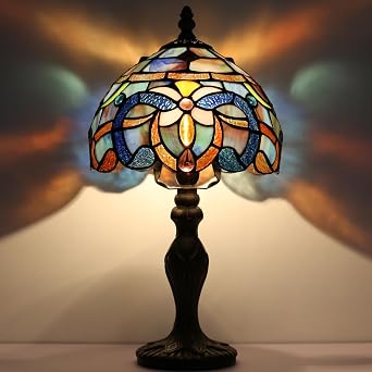 Small Tiffany Table Lamp 15" Stained Glass Lamp Blue Baroque Style