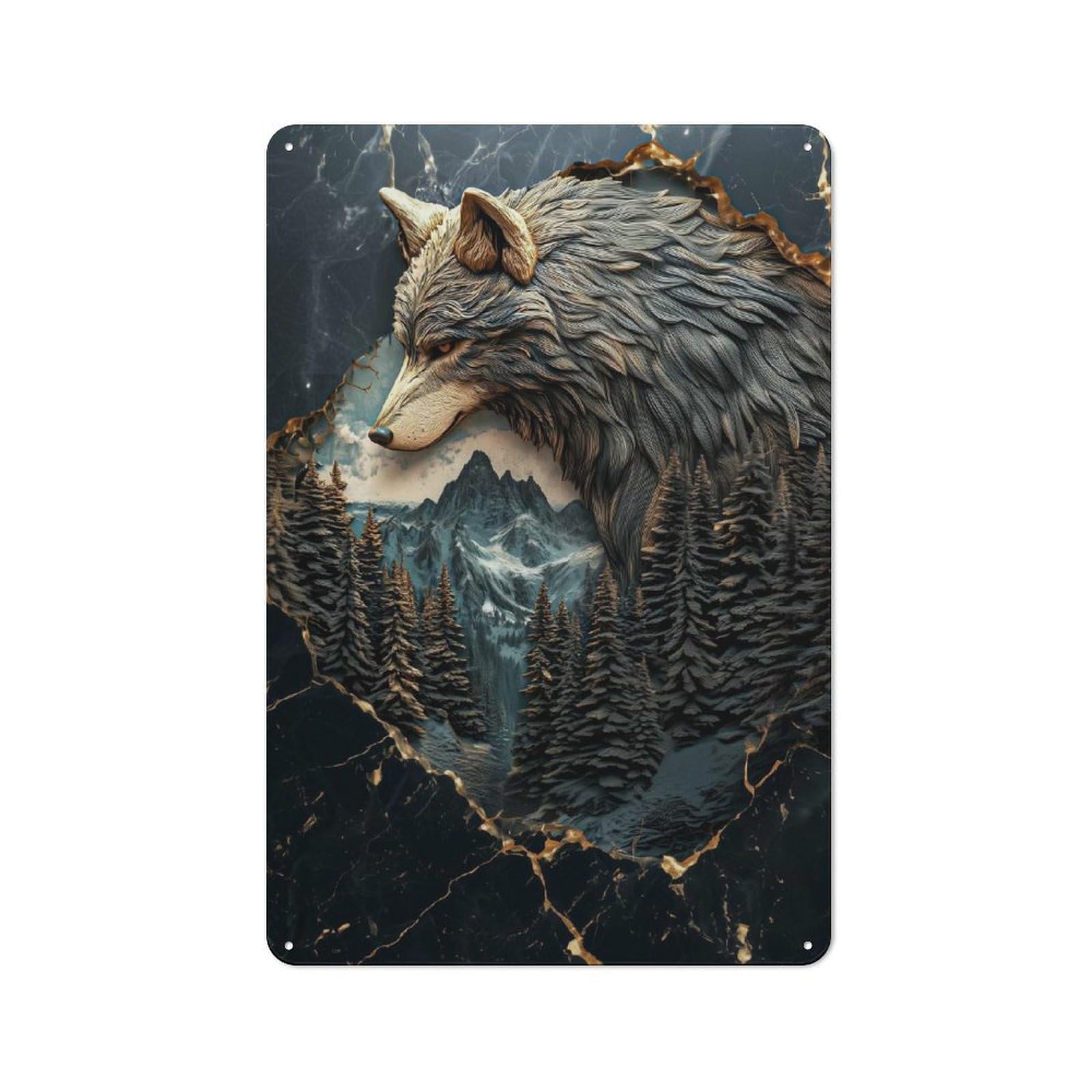 Vintage Wolf Mountain Landscape Metal Wall Sign 30x20cm, Shed Wall Plaque for Garage, Workshop, Shed Or Utility Room