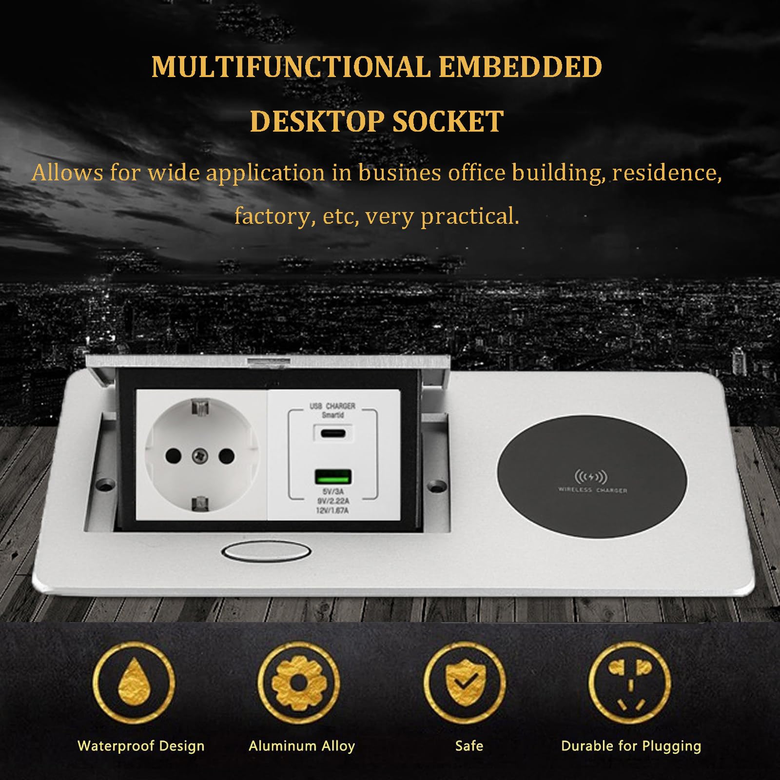 Presa Elettrica Da Scrivania Incassata, Presa Pop-Up Con Caricabatterie Rapido Wireless Da 15 W, PD 20 W Usb (A+C), Presa Incorporata Per Piani Di Lavoro Per Ufficio,Casa,Scrivania,Black-EU-plug