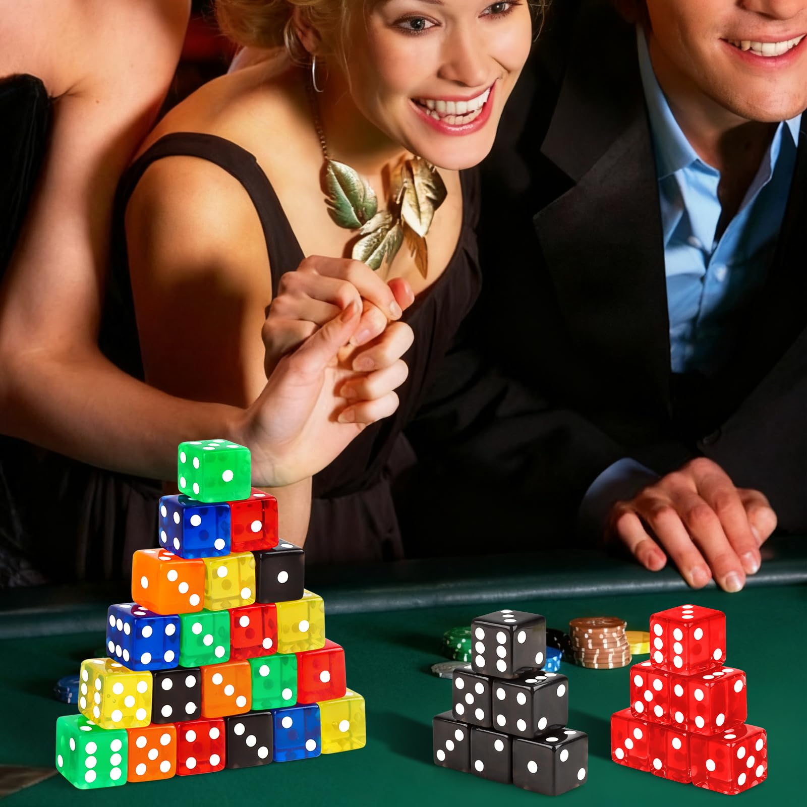 Hooqict Juego de 36 dados de casino de 19 mm, juego de dados grandes de acrílico de 6 caras a granel para casino Vegas, matemáticas, aula, suministros de enseñanza, juegos de mesa (negro, rojo, azul