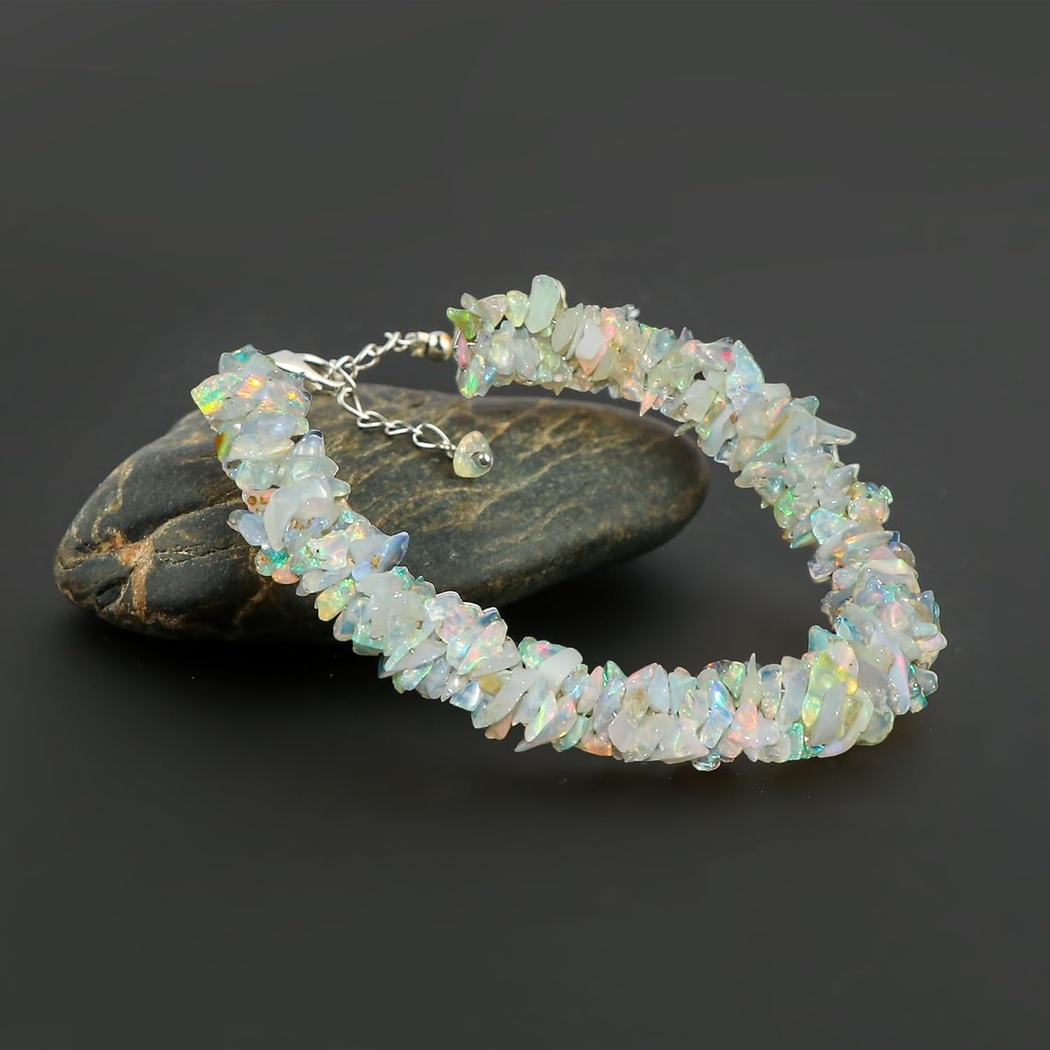 CRYSTALIS Natural Ethiopian Opal Beads Braided Rope Bracelet, Chips Nuggets Beaded Gemstones, Chakra Healing Stones, Gift Giving Womens Jewelry, 925 Sterling Silver Bracelet 8 inch - Image 3