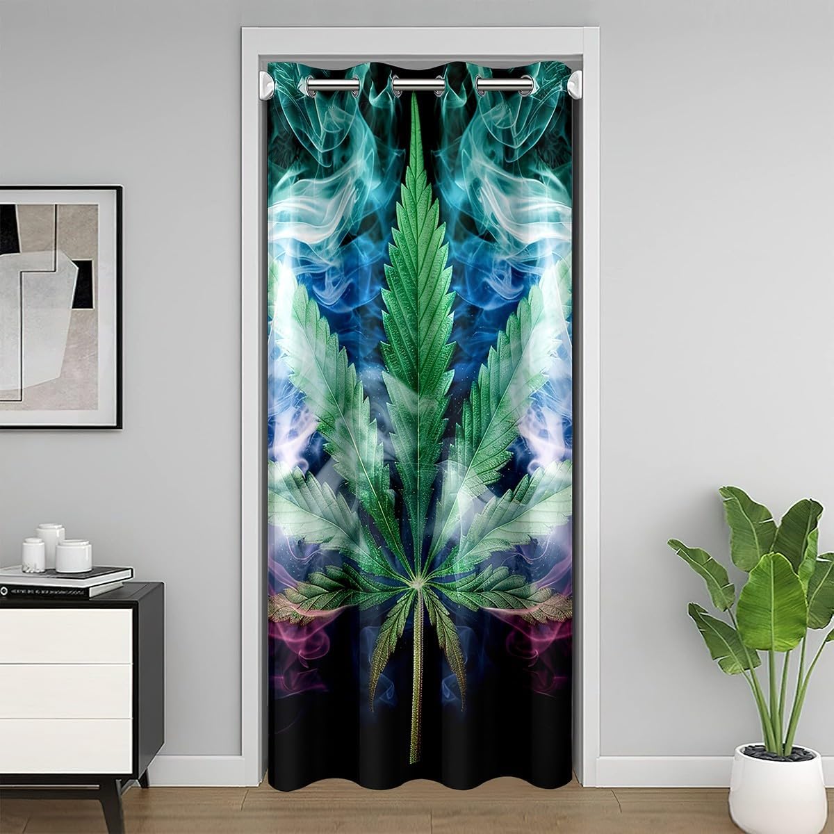 Marijuana Leaf Door Curtain Misty Cannabis Leaf Blackout Curtain Wild Weed Plant Doorway Curtain for Kids Teens Adults Gothic Nature Plants Door Drape 60" W X 80" L