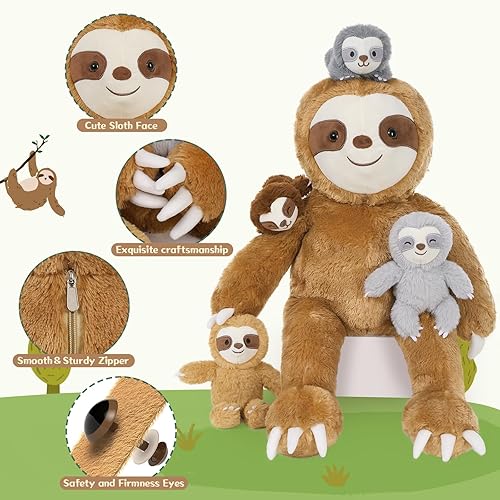 Miniatura 4 de Muiteiur Juego de 5 piezas de animales de peluche de perezoso grande de 22 pulgadas con 4 juguetes de perezoso para bebés, juego de peluche suave de