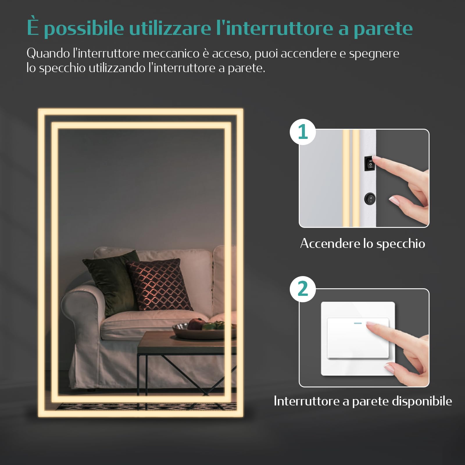EMKE Specchio Bagno con Luce 120x60 cm con Interruttore a Pulsante, Antiappannamento, Specchio Bagno LED,Luce Bianca Fredda/Calda,Specchio da bagno