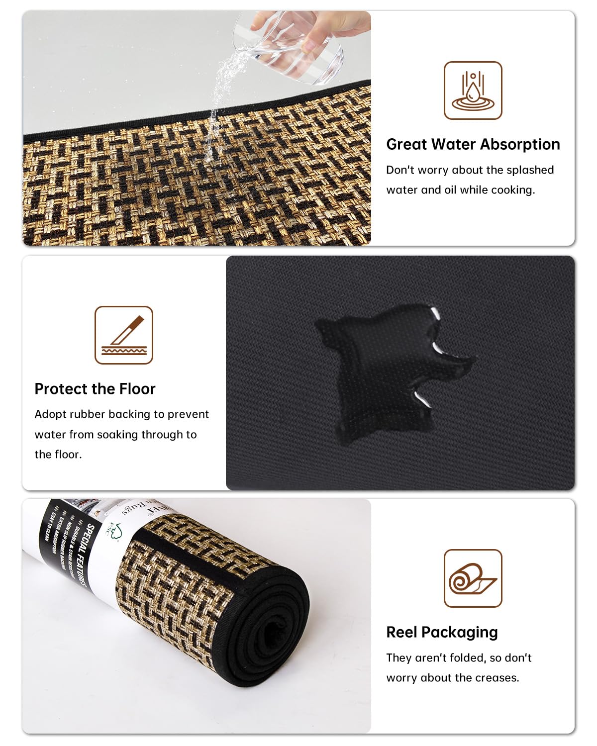 Kitchen Rugs and Mats Non Skid Washable Set of 2 PCS, Absorbent Runner Rugs for Kitchen, Front of Sink, Kitchen Mats for Floor, 17.3"x 47"+17.3"x 29" (Black)