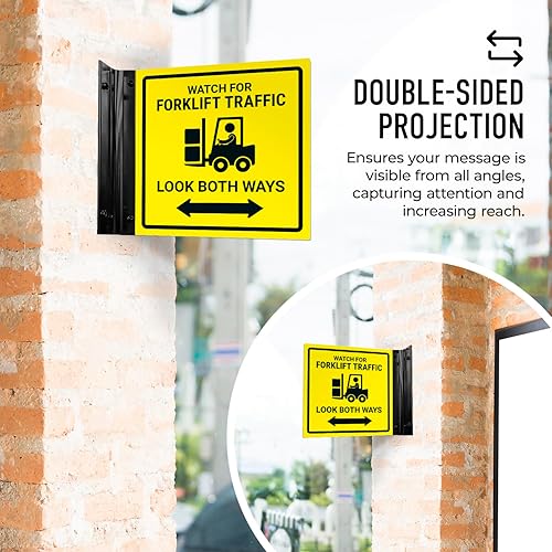 Miniatura 3 de Watch For Forklift Traffic Look Both Ways Projecting Sign, doble cara, 6x6 pulgadas, ACM, con accesorio negro satinado, fabricado en Estados Unidos