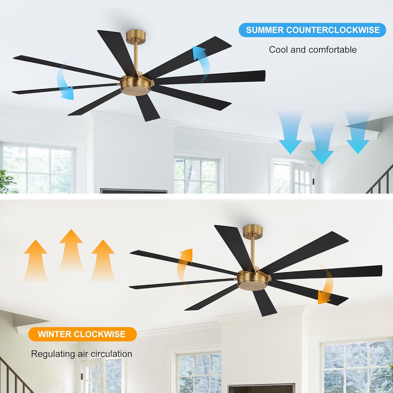 WINGBO 60" Ceiling Fan without Light, Modern Large Ceiling Fan with Remote Control, 6-Speed Reversible Noiseless DC Motor, Gold and Walnut/Black Blades for Living Room, Bedroom & Covered Outdoor