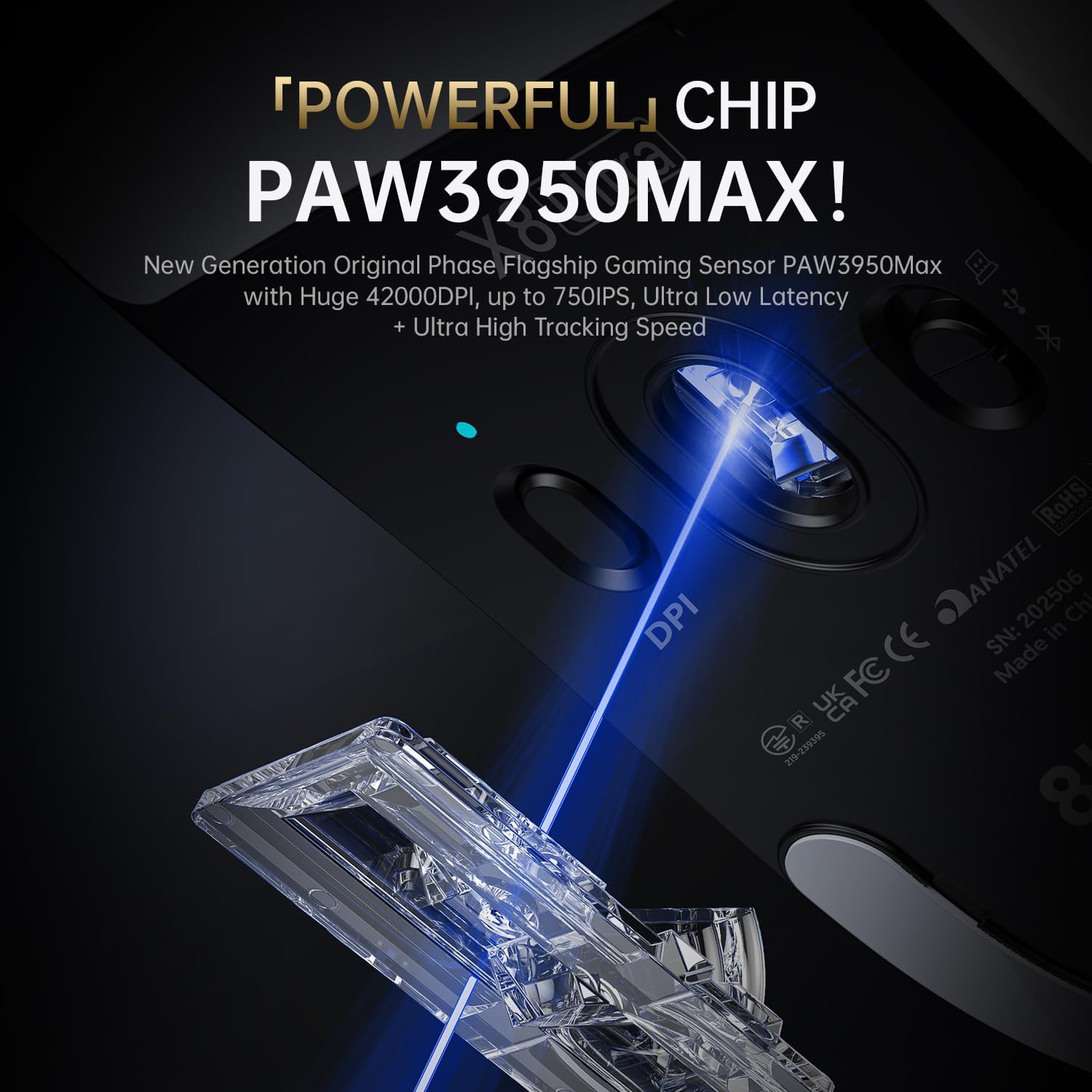 Close-up of the PixArt PAW3950MAX sensor on the underside of the ATTACK SHARK X8 Ultra mouse.