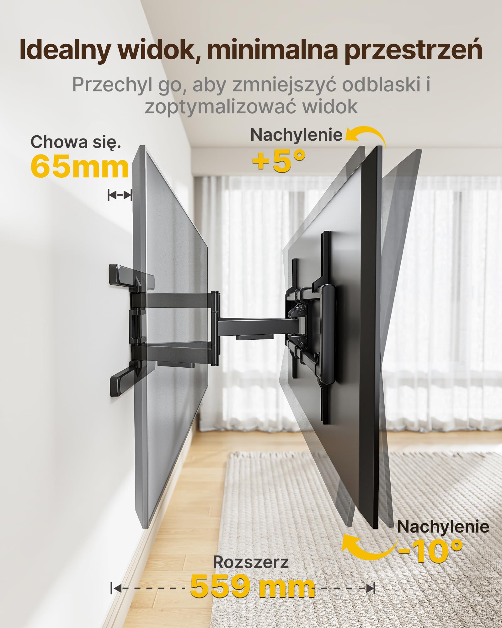 monTEK Uchwyt ścienny do telewizora 43–95 cali, do 60 kg, VESA do 800 x 400 | W pełni ruchoma konstrukcja z podwójnym ramieniem, wysuwana do 56 cm, beznarzędziowe nachylenie i wychylenie, stabilniejszy