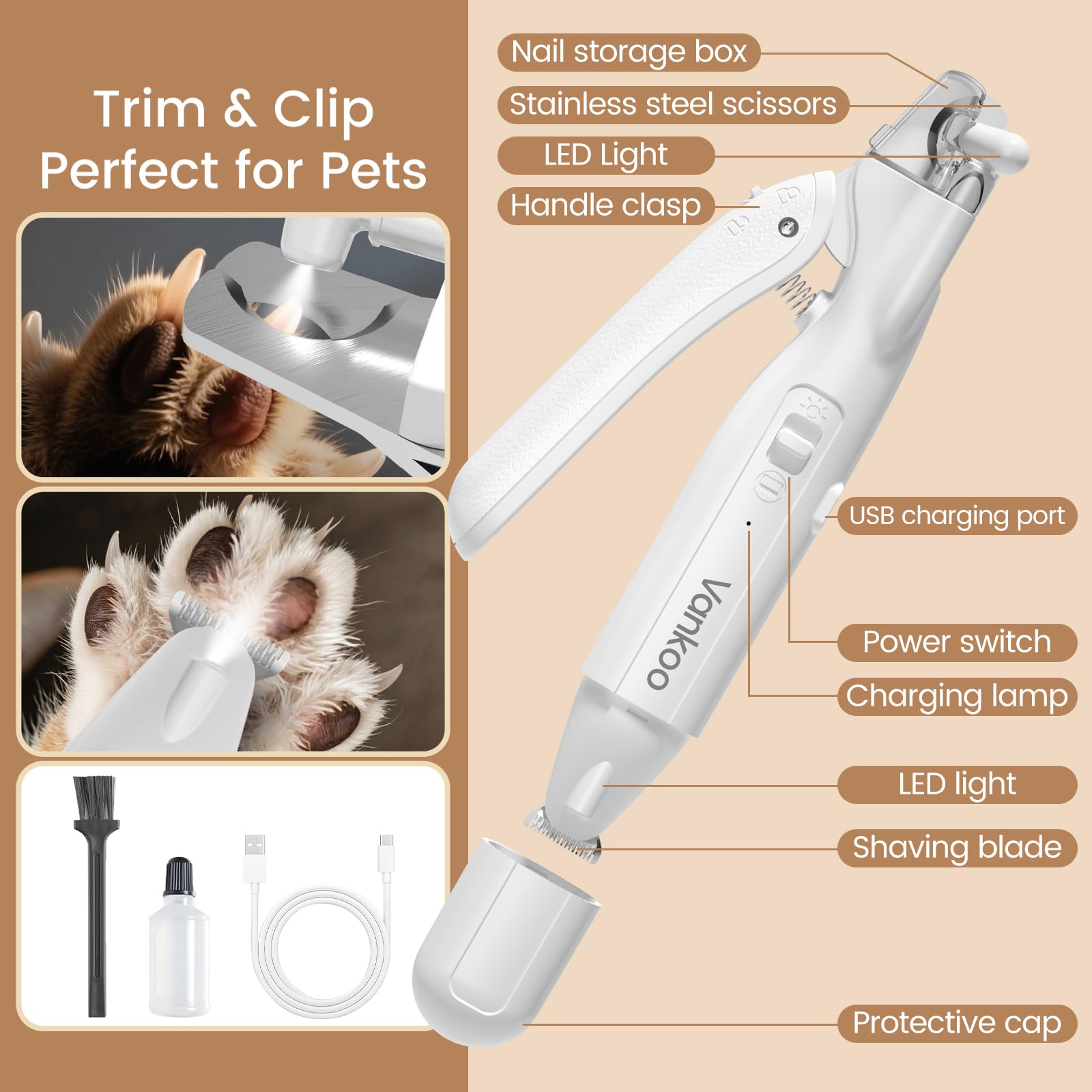 2 in 1 Dog & Cat Nail Clippers & Trimmers with LED Lights, Splash Guard - Pet Hair Trimmer for Around Paws, Ear, Eye,Face, Rump Rechargeable & IPX7 Waterproof Grooming Supplies for Dog, Cat - image 2