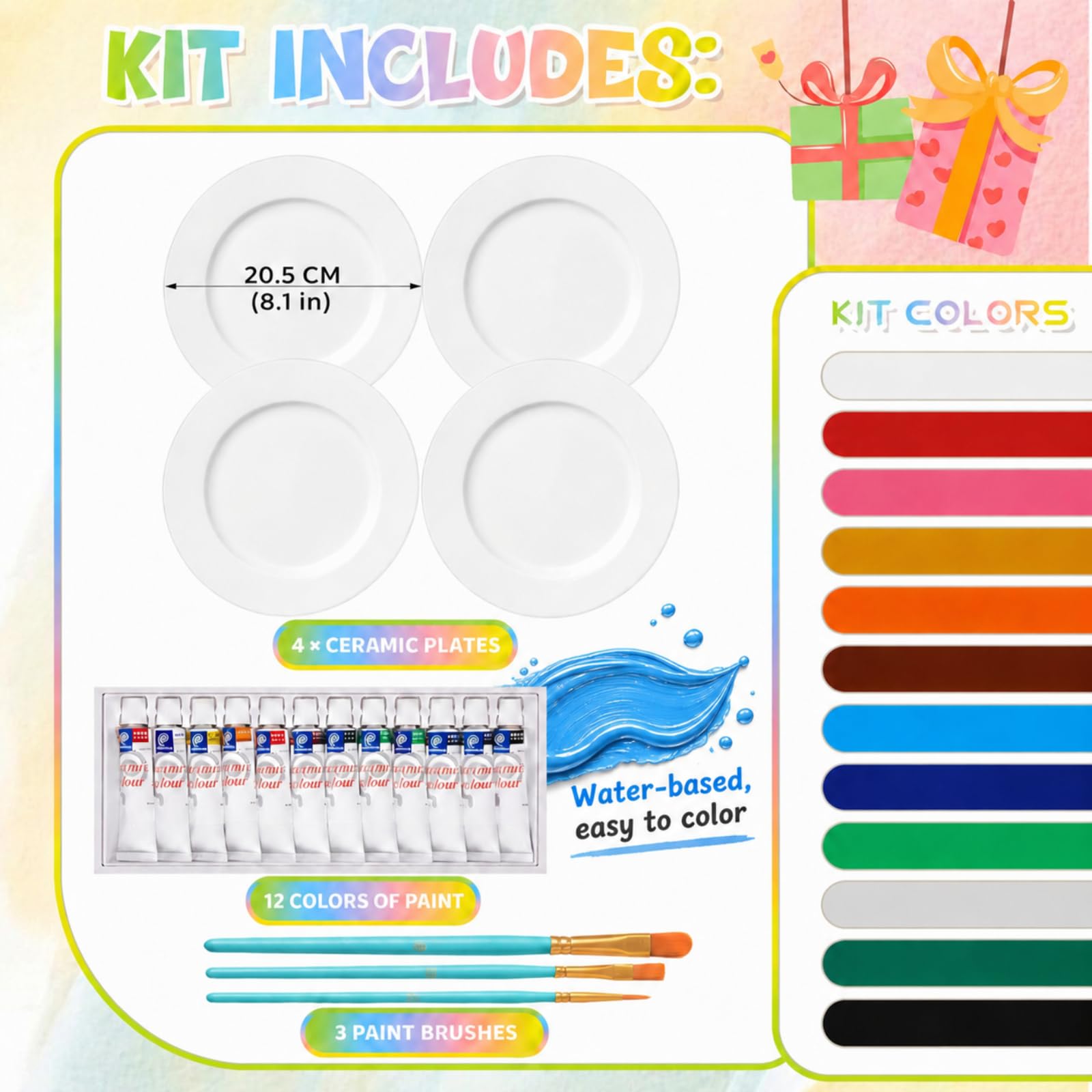 Sinmoe Kit per Dipingere Piatti in Ceramica Include 4 Piatti in Porcellana 3 Pennelli e 12 Colori Acrilici e 1 Scatola Regalo e 1 Tavolozza da Dipingere(8 Pollici,Lusso Moderno,4 Pezzi)