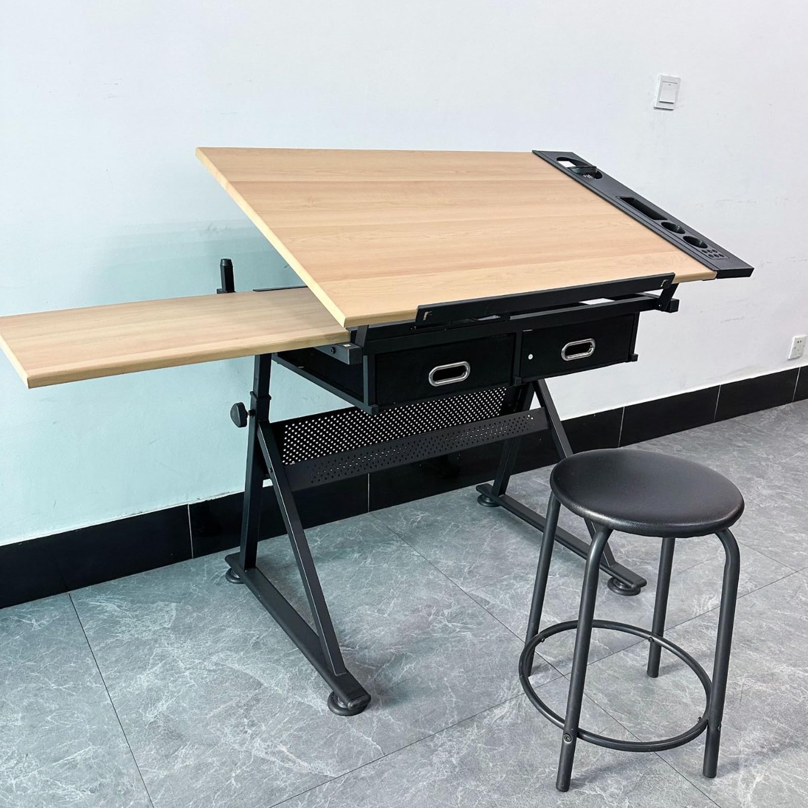 Escritorio de arte ajustable con almacenamiento, mesa de dibujo de madera con extensión lateral y bandeja de herramientas, mesa de metal resistente para artistas y estudiantes