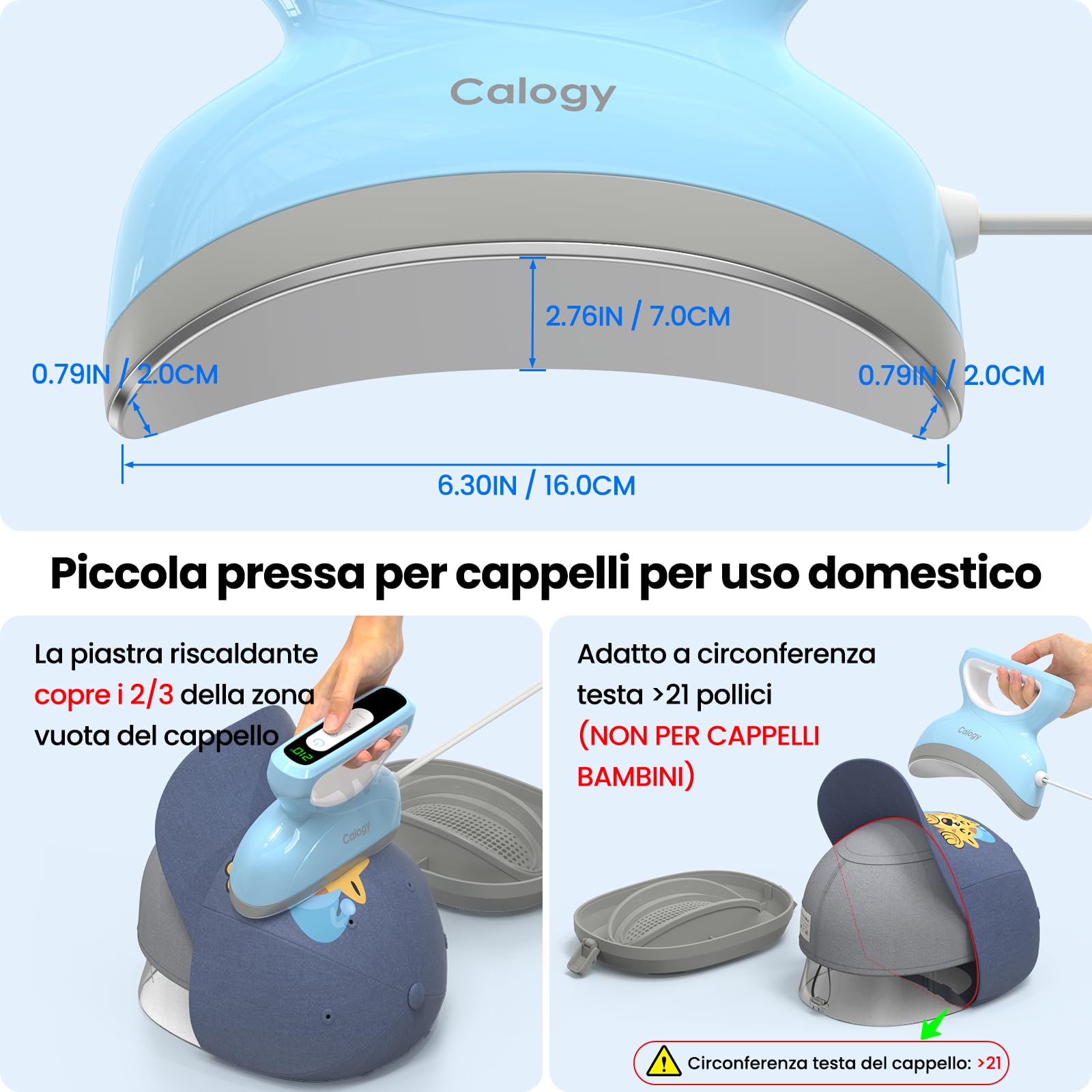 Calogy Mini Pressa a Caldo per Cappelli con Conto alla Rovescia, Temperatura Massima 210℃, Base Rotonda per Cappelli, Berretti, Snapback, Cappello da pescatore, Cappello da sole