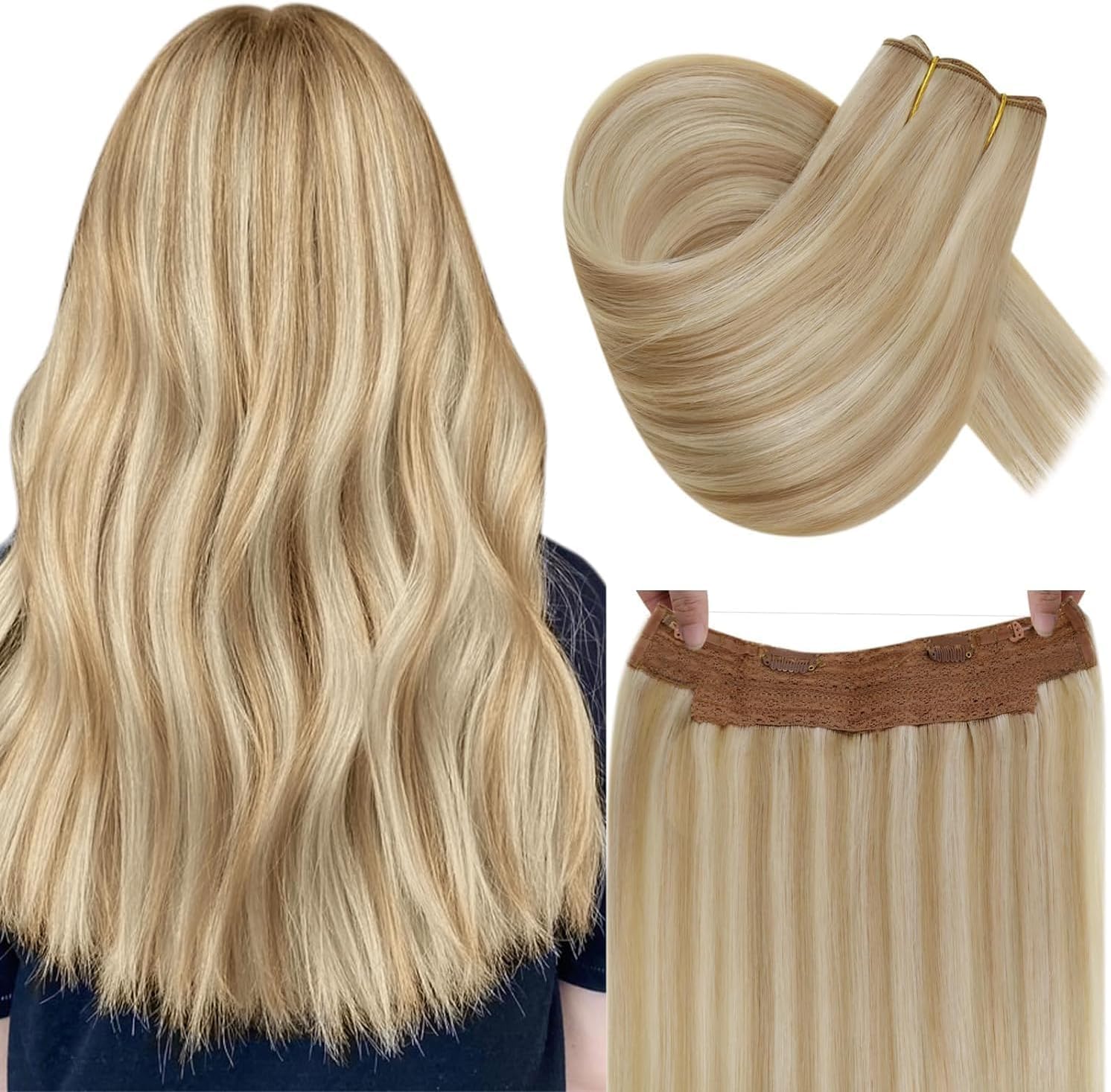 RUNATURE Wire Human Hair Extensions, Blonde Hair Extensions Real Human Hair, Headband Fish Line Extension for Women, Straight Remy Natural Hair, 12 Inch 70g #18P613 Ash Blonde Highlights