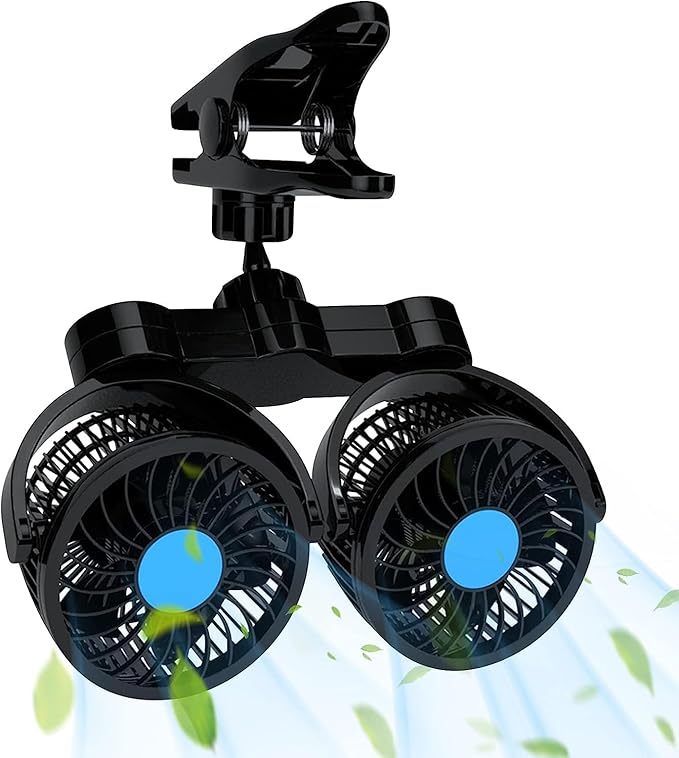 Electric Car Fan USB, 12V Double Head Car fans for Rear Seat 360