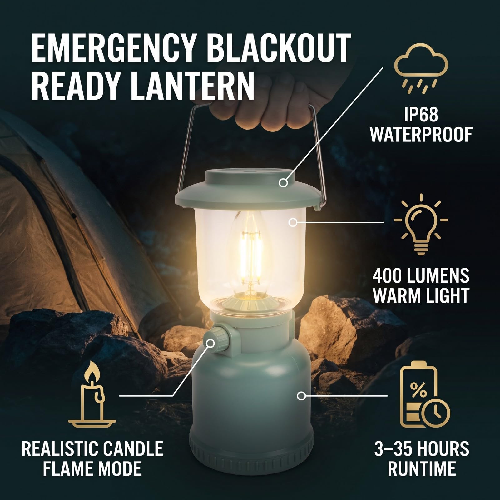 FTVOGUE Lanterna da Campeggio per Interruzioni di Corrente Modalità | Luce di emergenza IP68 resistente all'acqua da 400 lm con batteria da 1800 mAh