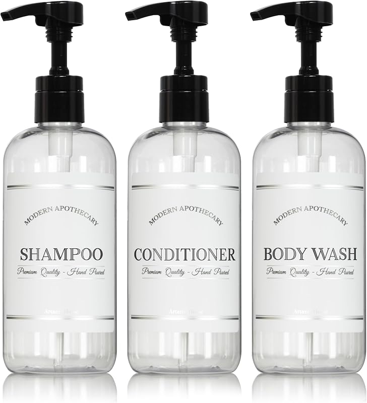 Frascos transparentes recarregáveis para shampoo, condicionador e sabonete líquido com bomba, PET, 473 mL, pacote com 3