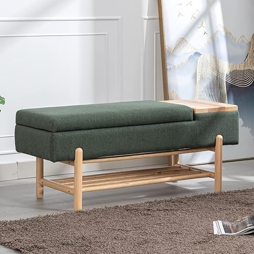 Miniatura 30 de Banco de almacenamiento tapizado para dormitorio, extremo de la cama, banco otomano de lino beige con asiento acolchado, banco de madera moderno
