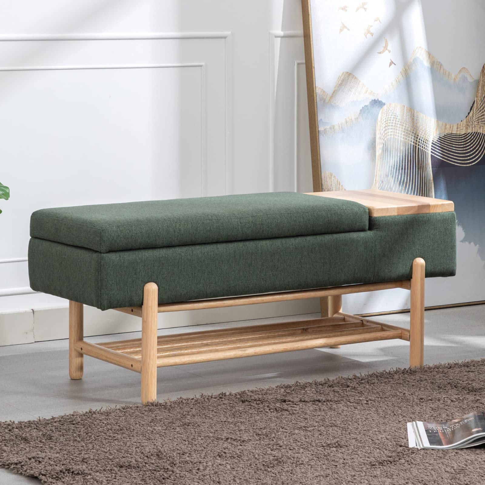 Green Storage Bench Modern Upholstered Bedroom Bench Storage Ottoman Bench  with Cushion Seating for End of Bed, Living Room Entryway, Linen