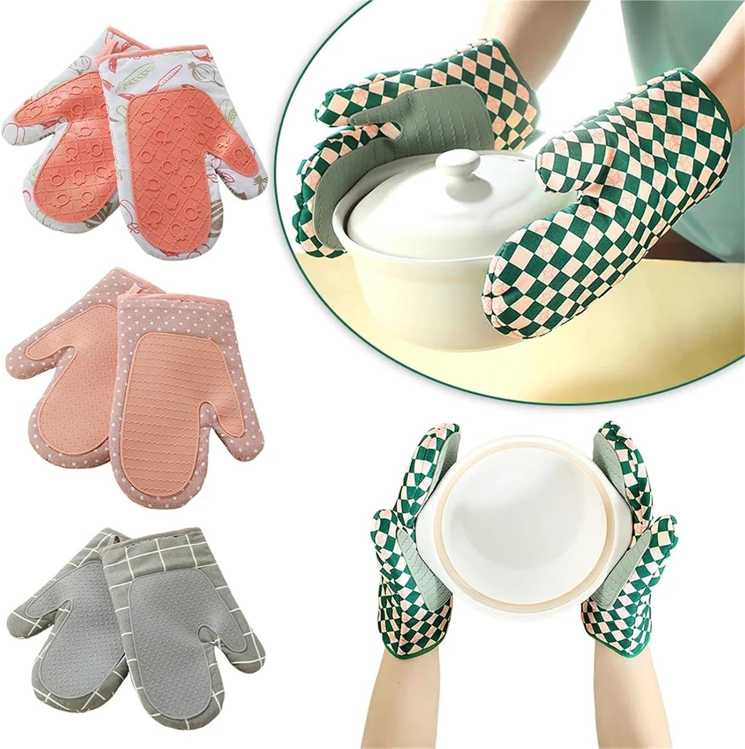 Silicone Oven Mitts, Heat Thickened Non-Slip Kitchen Gloves for Indoor & Outdoor Cooking(Pink White)