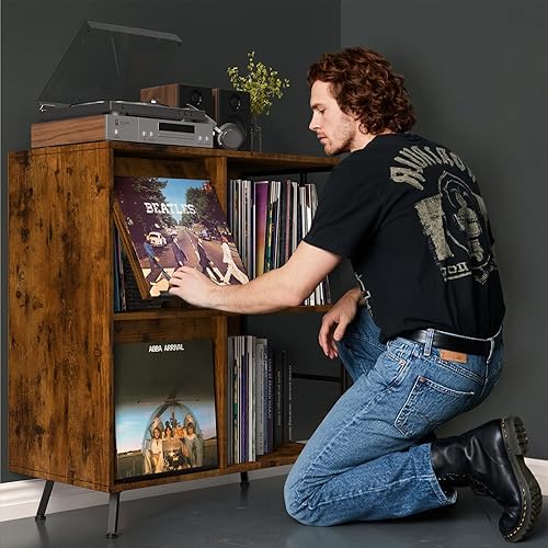 Miniatura 2 de Soporte para tocadiscos de 3 niveles, tocadiscos abatible con capacidad para hasta 300 álbumes, soporte giratorio grande de mediados de siglo,