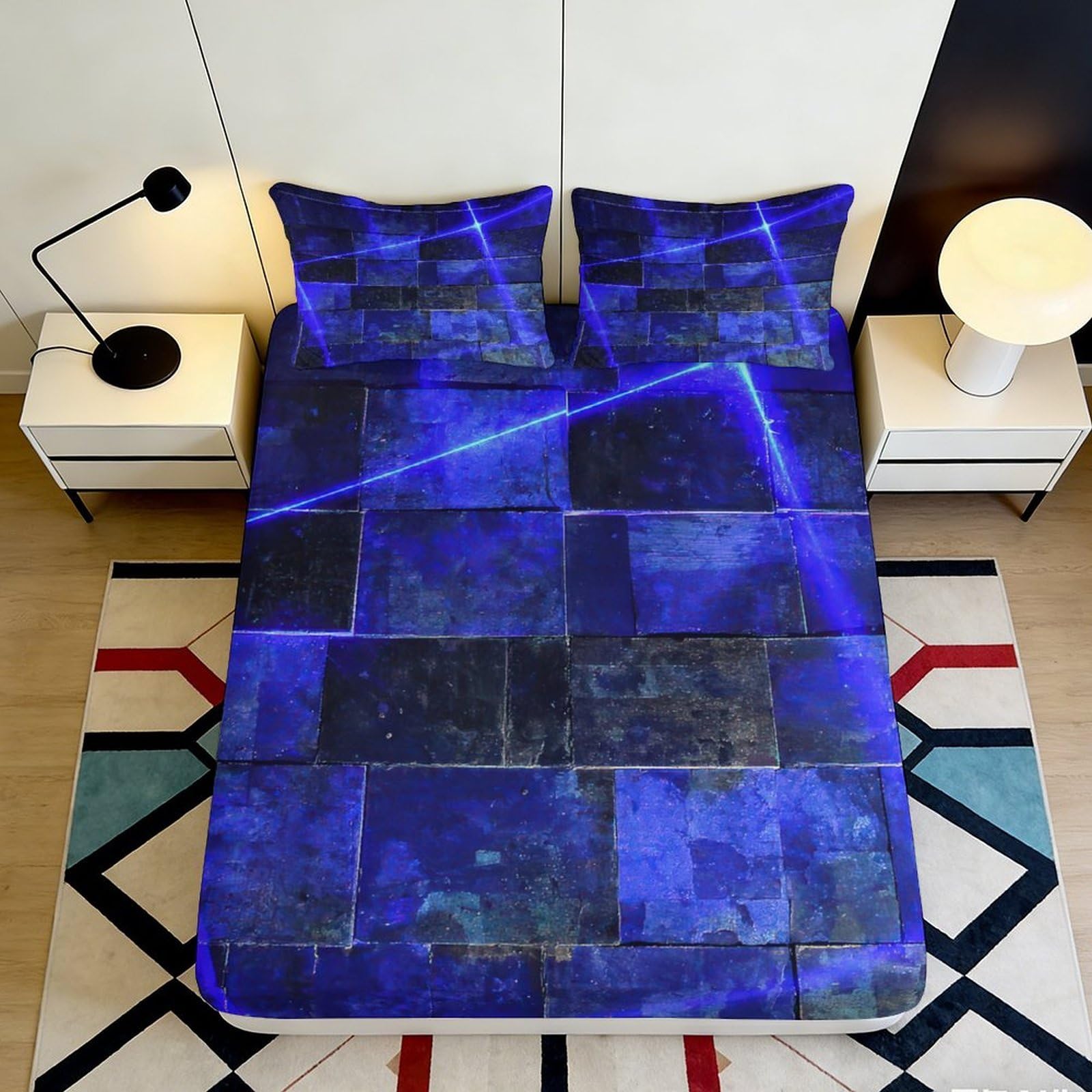 3D Printed Electric Blue Abstract Fitted Sheet Microfiber Soft Bedroom Decor Geometric Mattress Cover 90x200x25cm