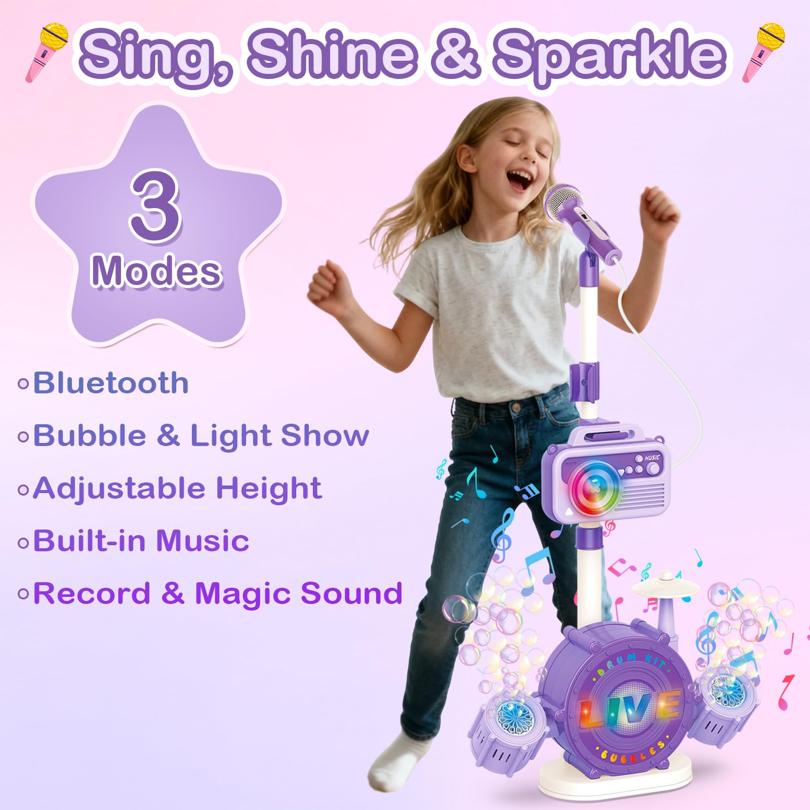 Microfono per karaoke Bluetooth per bambini, con supporto regolabile, macchina per karaoke per bambini, con macchina per creare bolle, cambia Vioce, luci colorate, microfoni per cantare Natale, regali