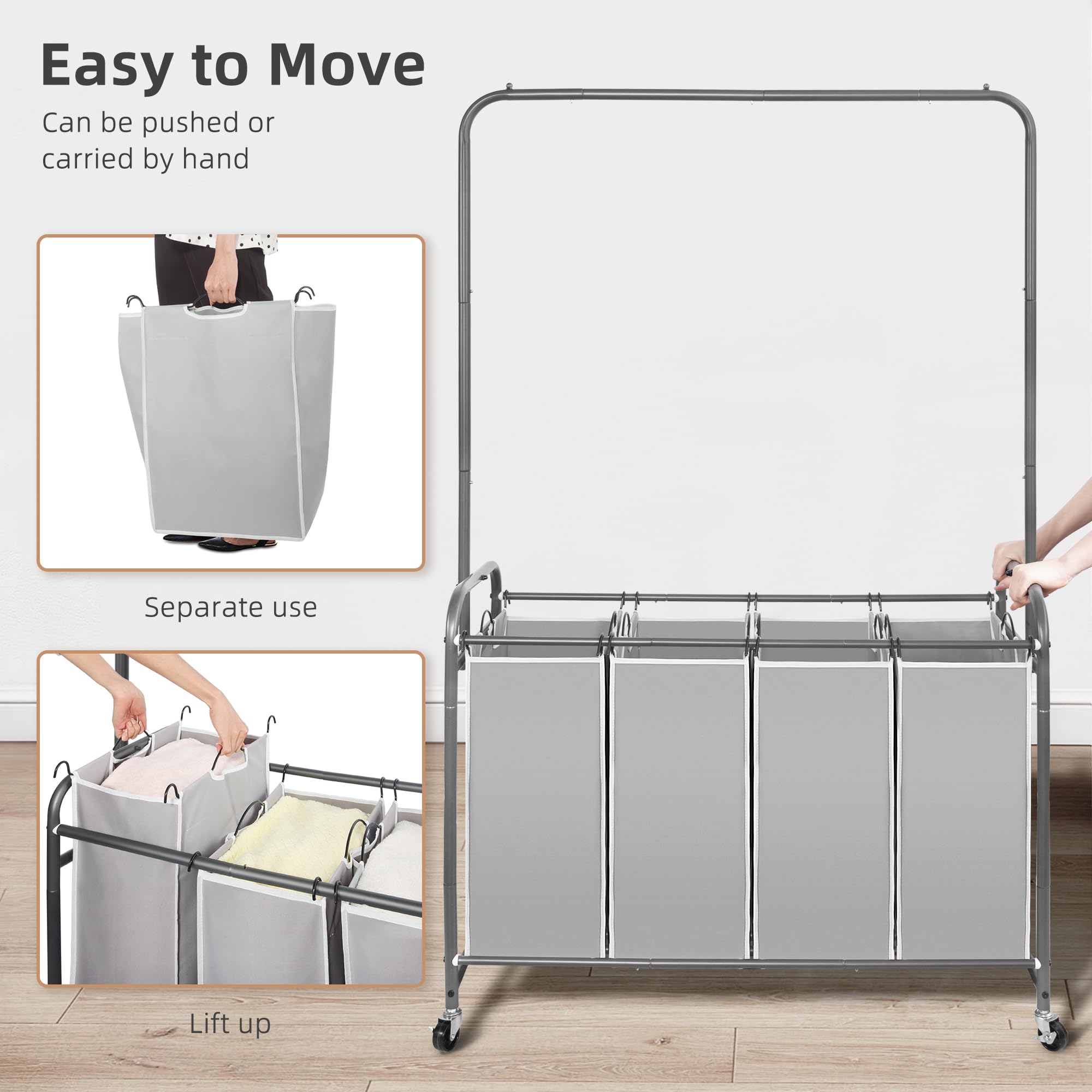 STORAGE MANIAC Carrello portabiancheria con barra sospesa, portatile, rimovibile, con ruote bloccabili resistenti e borse rimovibili, organizer per biancheria da 181 l, 4 sezioni