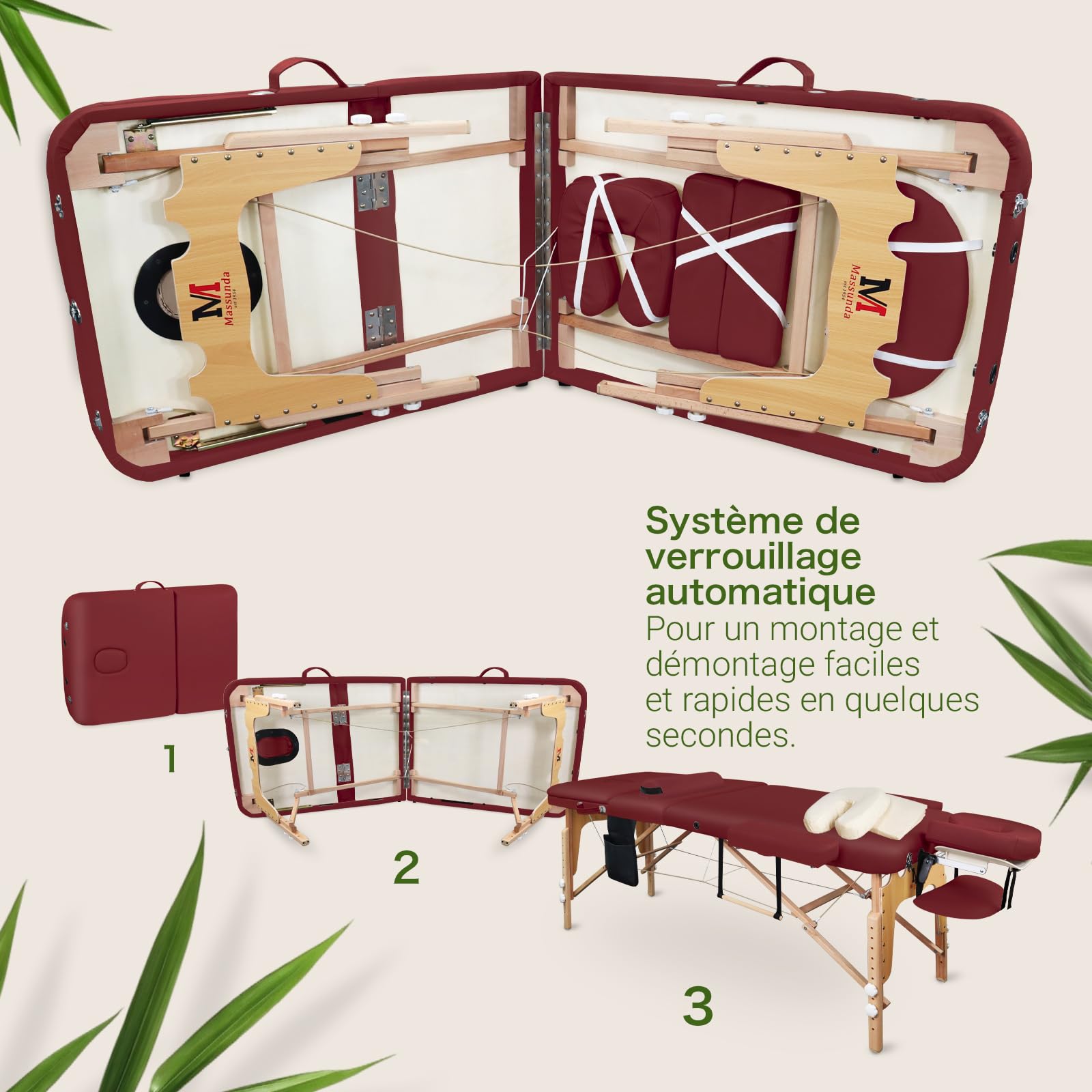 MASSUNDA All INKL Chaise de Massage Pliante et réglable en Hauteur – Table de Massage Mobile en Bois Massif avec Housse en éponge, accoudoirs et dossiers, appuie-tête Ergonomique (Bordeaux)