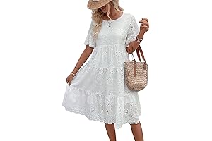 Women's Lace Eyelet Short Sleeve Tiered Midi Long Dress Ruffle Hem Babydoll Short Dress