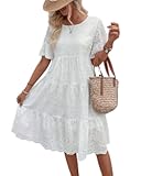 Women&apos;s Lace Eyelet Short Sleeve Tiered Midi Long Dress Ruffle Hem Babydoll Short Dress