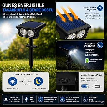 Coverzone Solar Bahçe Lambası 2W SMD Led, Toprak Çubuklu, Güneş Enerjili Bahçe Aydınlatma, 6500K Beyaz Işık, Karanlık Sensörlü, 200 Lümen, Çim Lambası, PT-B211 [Enerji Sınıfı A]