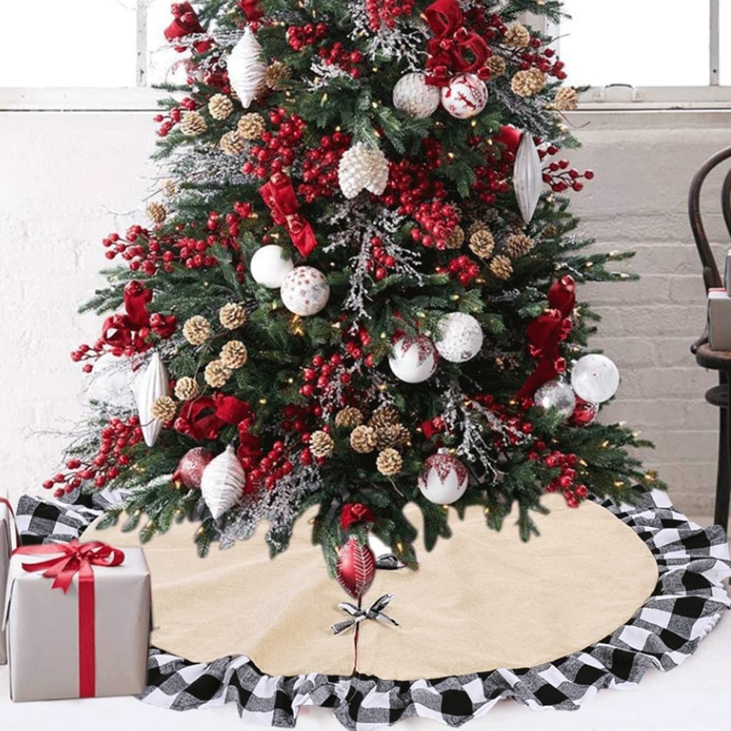 Falda del árbol de Navidad Falda de árbol de navidad, 48 "Paño de cáñamo Falda de árbol de Navidad, Decoraciones for el hogar de la fiesta de Navidad con el lado de la celosía, Decoración de árbol de