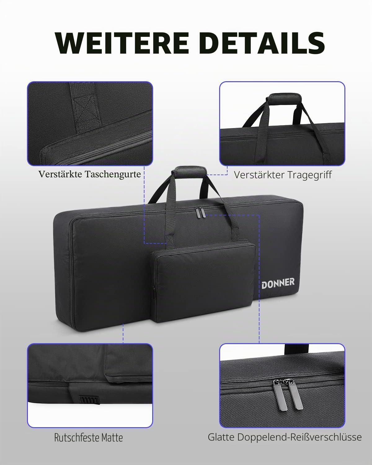 Donner Gigbag für 61-Tasten-Keyboards, tragbares Keyboard-Klavier-E-Piano-Case mit Reißverschlüssen und Tragegriff, wasserdicht, 10 mm gepolstert, 600D Oxford Nylon, 104 x 13 x 41 cm, Schwarz