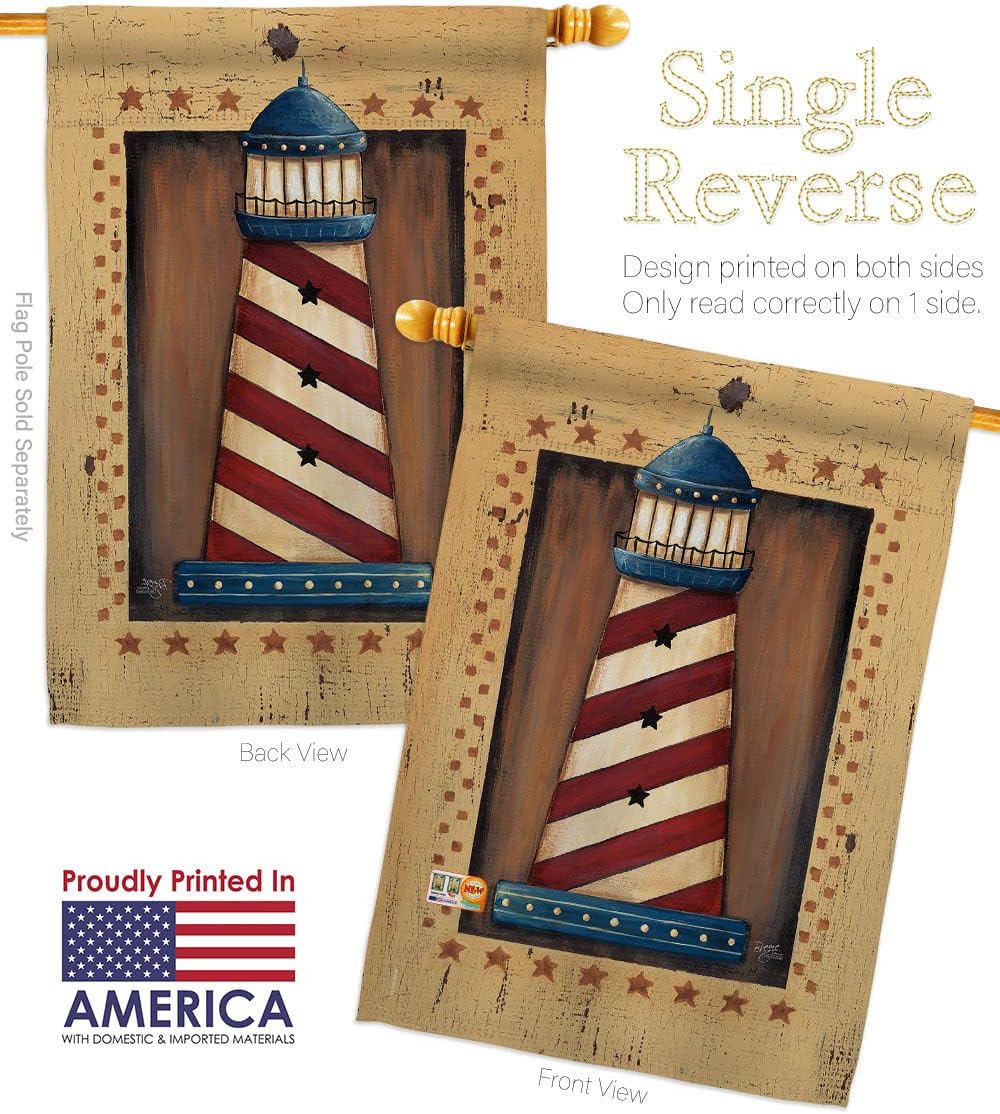 Patriotic Lighthouse House Flag Dowel Set Coastal Nautical Anchor Sailor Sea Shells Outdoor Summer Ocean Small Decorative Gift Yard Banner Made In USA 28 X 40