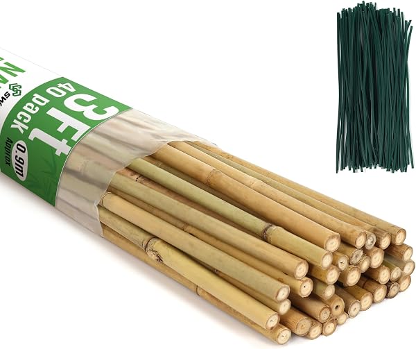 SWANGSA 40 Pack 3 4 5 6 Feet Bamboo Stakes for Plant with 200pcs Twist Ties
